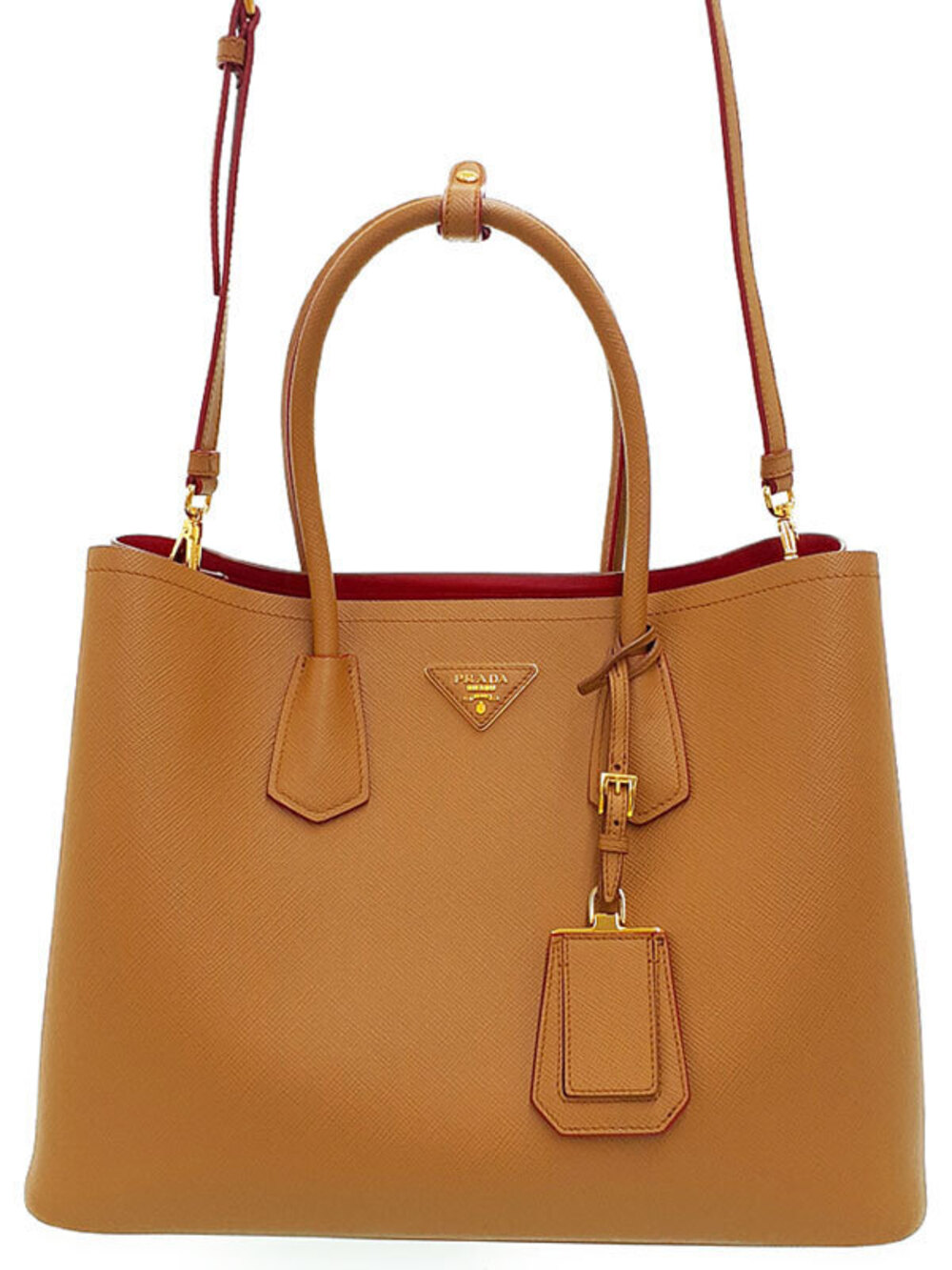 Prada Saffiano Leather Double Bag rolled top handles enameled logo